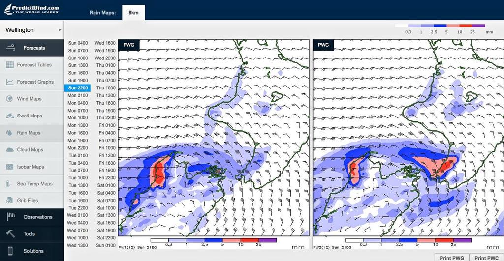 Rain prediction - Wellington 2200hrs  - Cyclone Lusi, March 16, 2014 © PredictWind http://www.predictwind.com